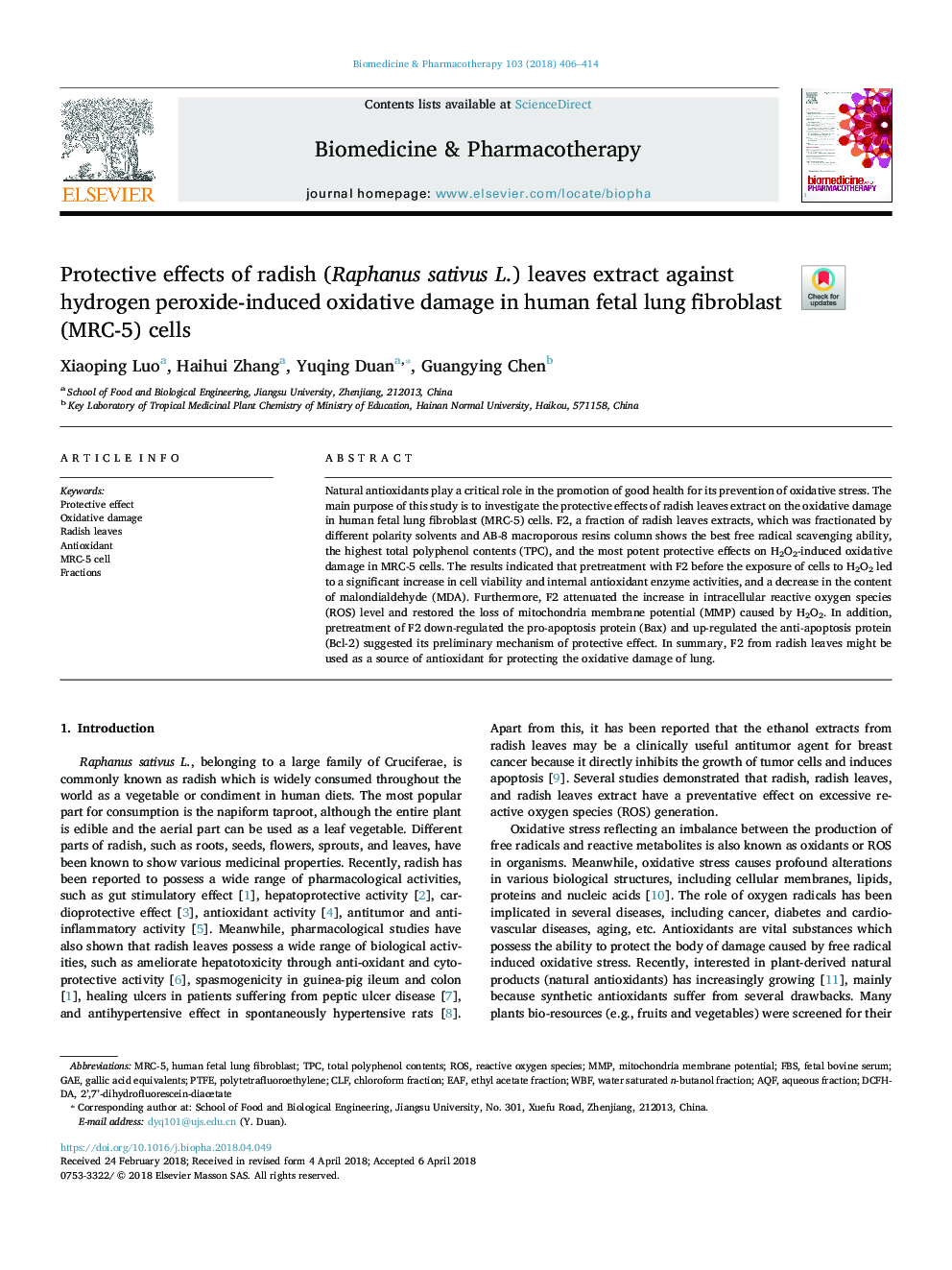 Protective effects of radish (Raphanus sativus L.) leaves extract against hydrogen peroxide-induced oxidative damage in human fetal lung fibroblast (MRC-5) cells