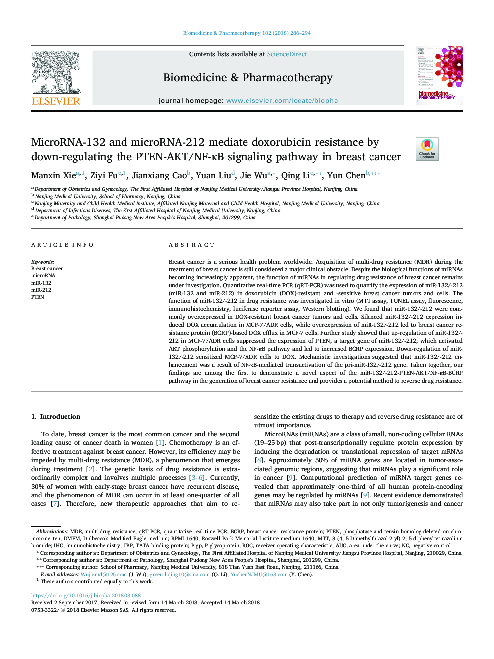 MicroRNA-132 and microRNA-212 mediate doxorubicin resistance by down-regulating the PTEN-AKT/NF-ÎºB signaling pathway in breast cancer