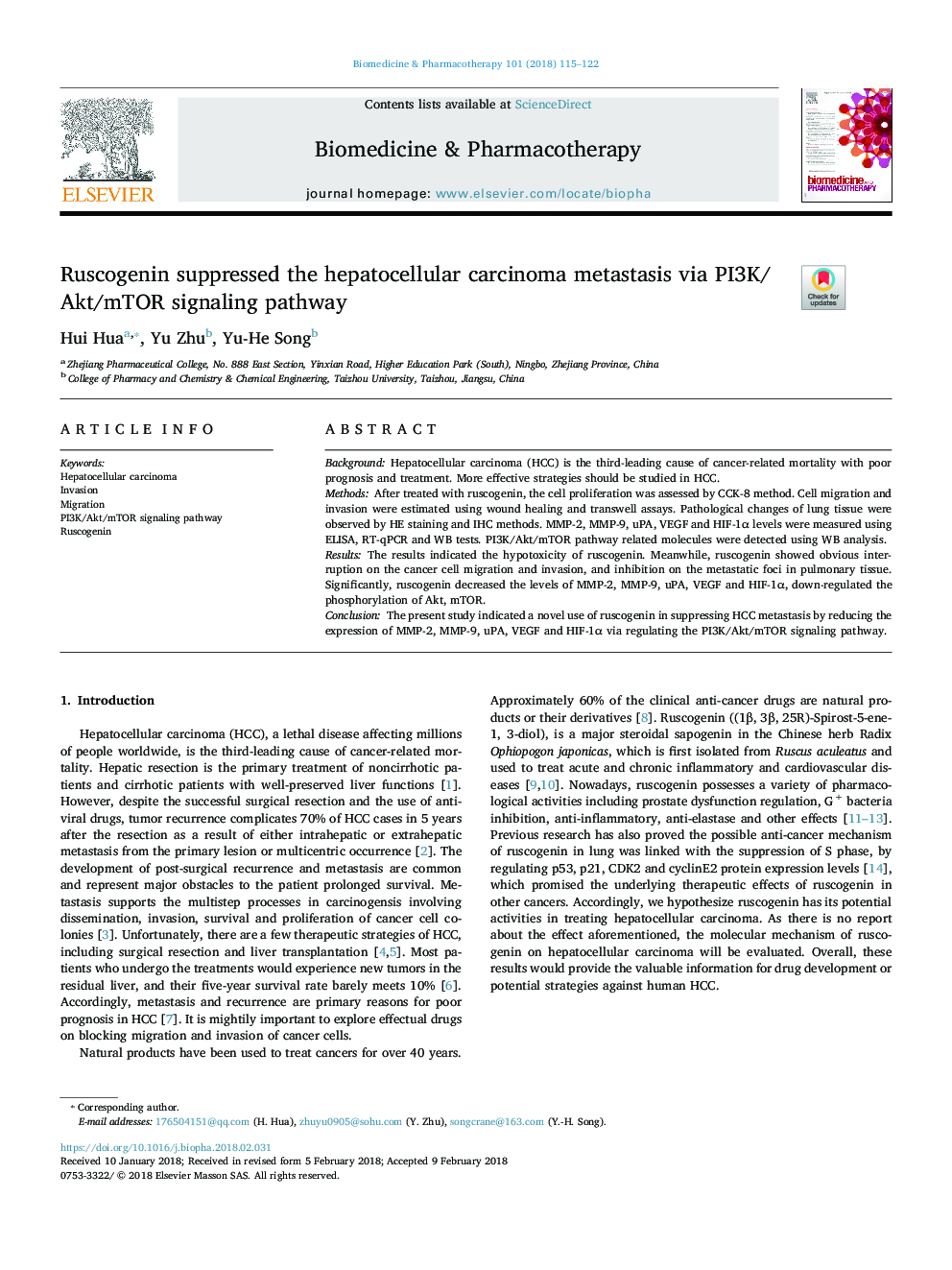 Ruscogenin suppressed the hepatocellular carcinoma metastasis via PI3K/Akt/mTOR signaling pathway