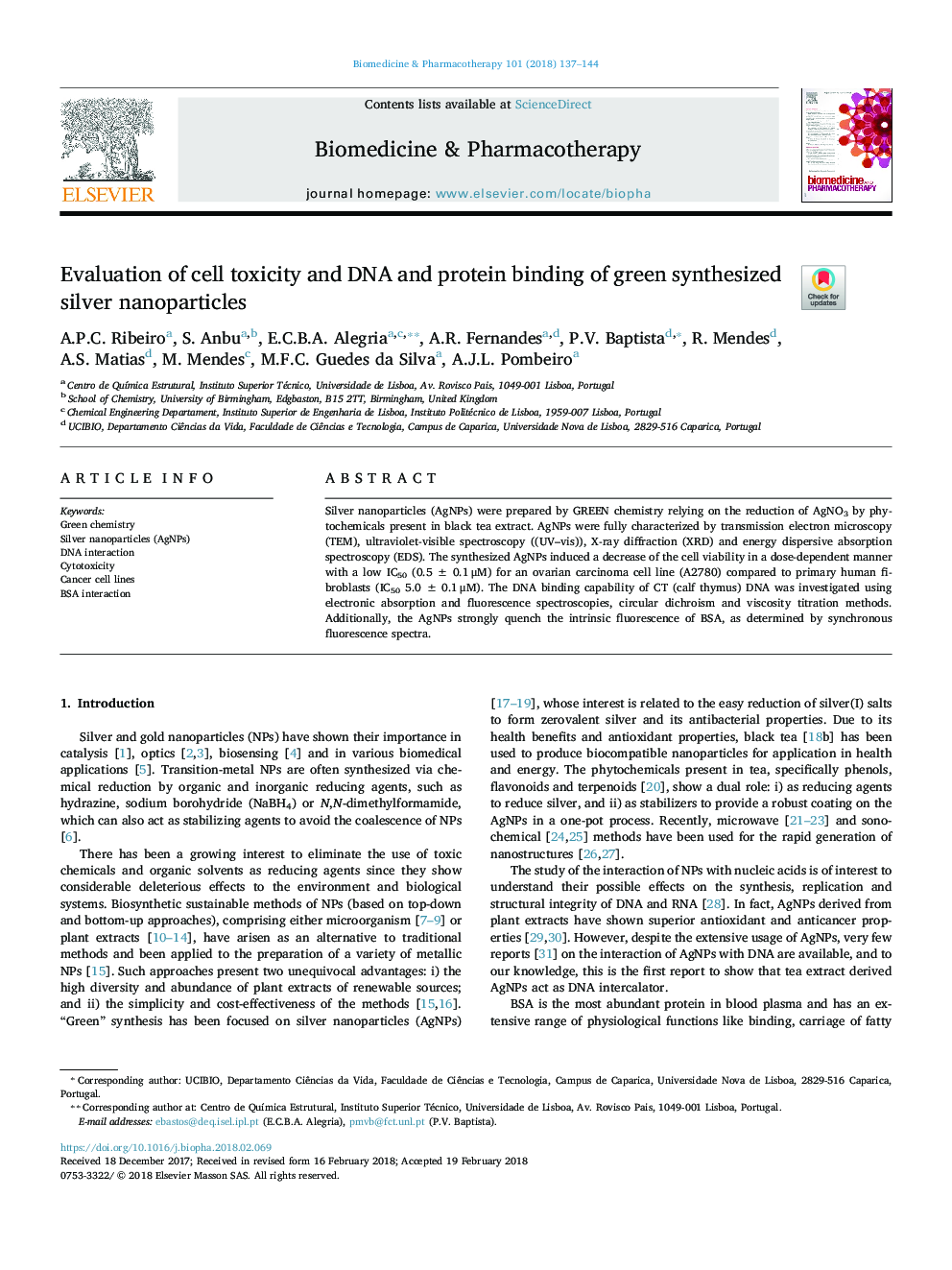 Evaluation of cell toxicity and DNA and protein binding of green synthesized silver nanoparticles