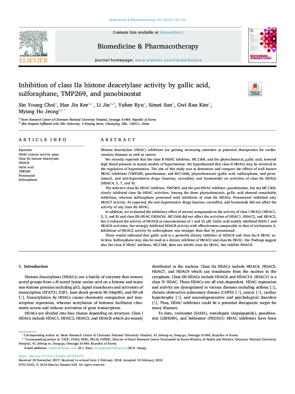 Inhibition of class IIa histone deacetylase activity by gallic acid, sulforaphane, TMP269, and panobinostat