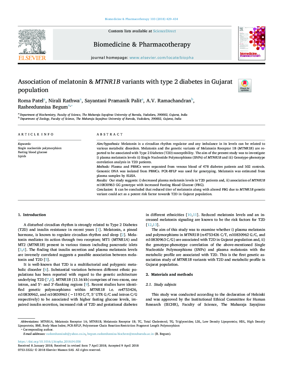 Association of melatonin & MTNR1B variants with type 2 diabetes in Gujarat population