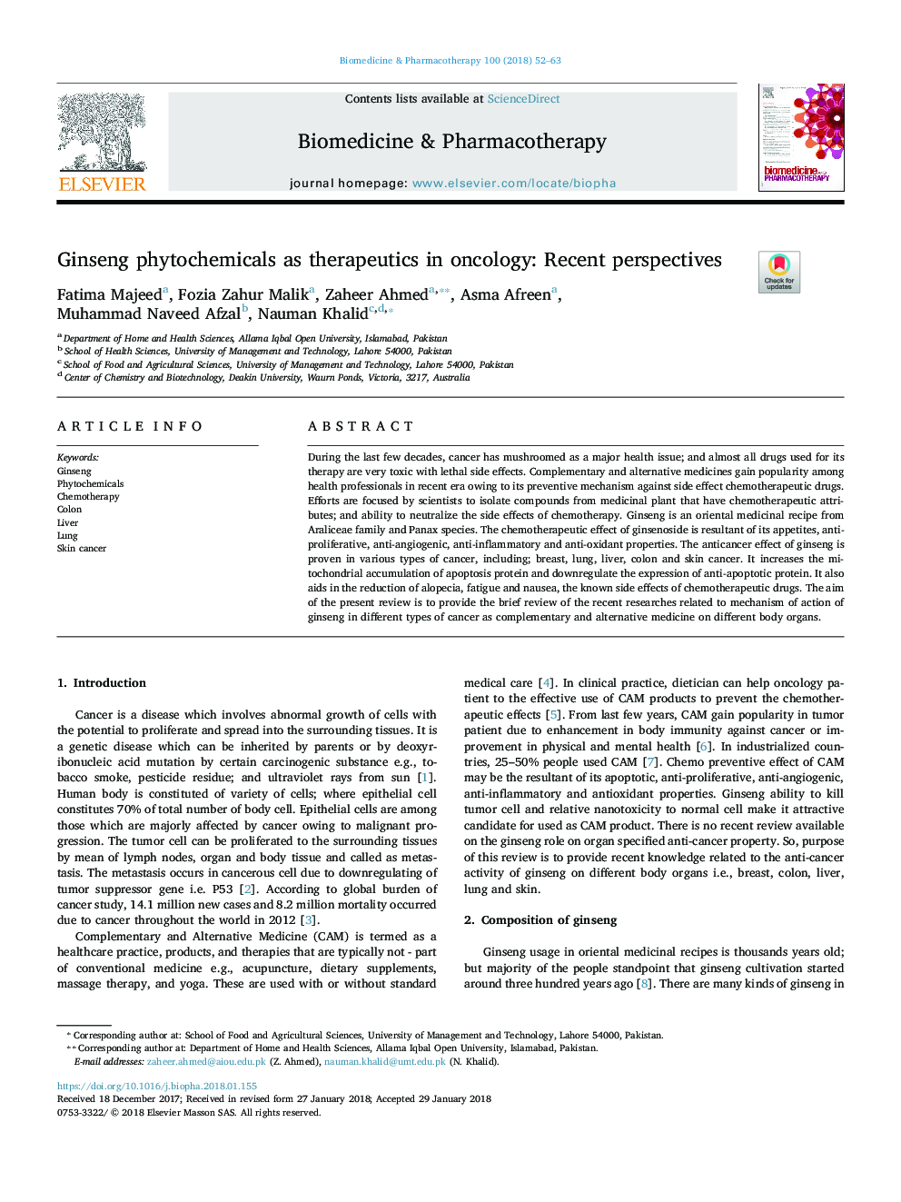 Ginseng phytochemicals as therapeutics in oncology: Recent perspectives