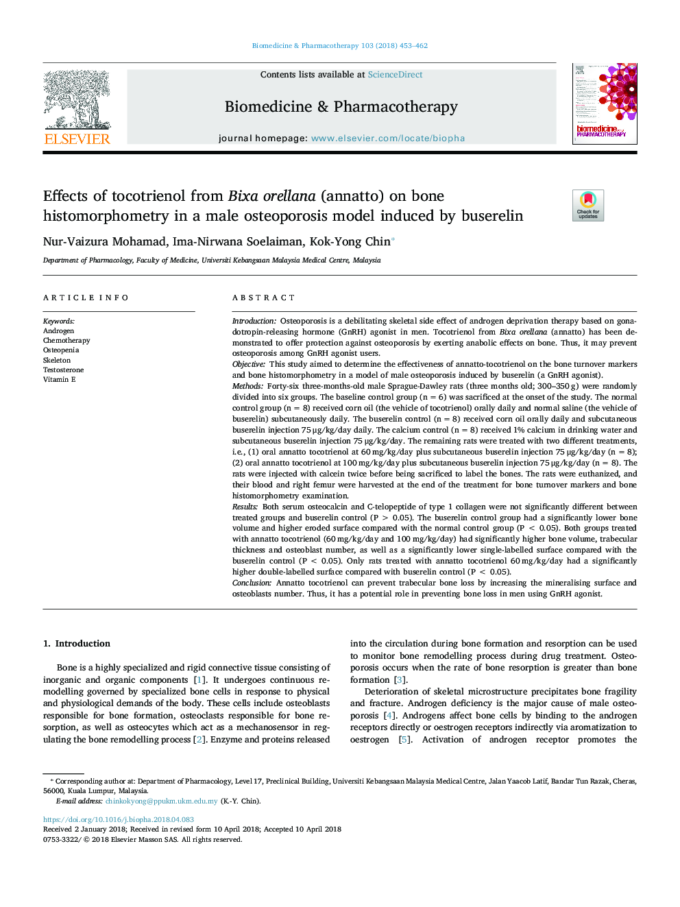 Effects of tocotrienol from Bixa orellana (annatto) on bone histomorphometry in a male osteoporosis model induced by buserelin