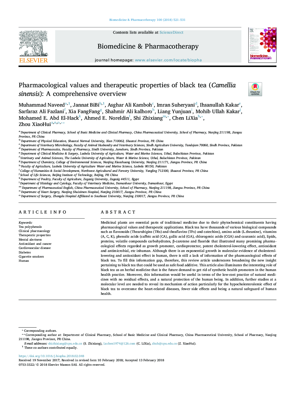 Pharmacological values and therapeutic properties of black tea (Camellia sinensis): A comprehensive overview