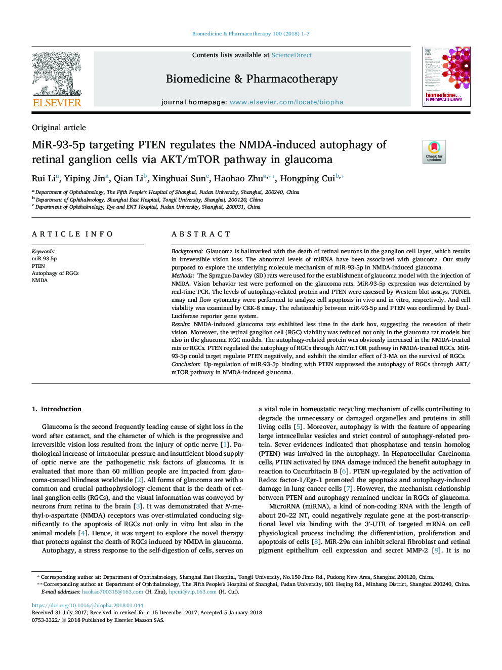 MiR-93-5p targeting PTEN regulates the NMDA-induced autophagy of retinal ganglion cells via AKT/mTOR pathway in glaucoma