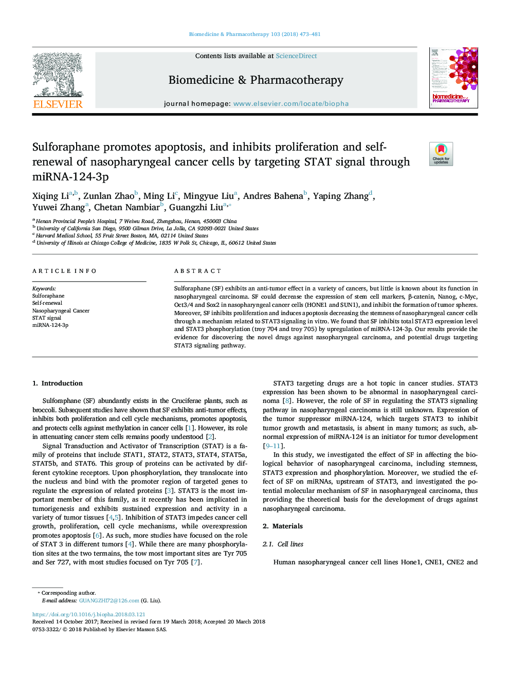 Sulforaphane promotes apoptosis, and inhibits proliferation and self-renewal of nasopharyngeal cancer cells by targeting STAT signal through miRNA-124-3p