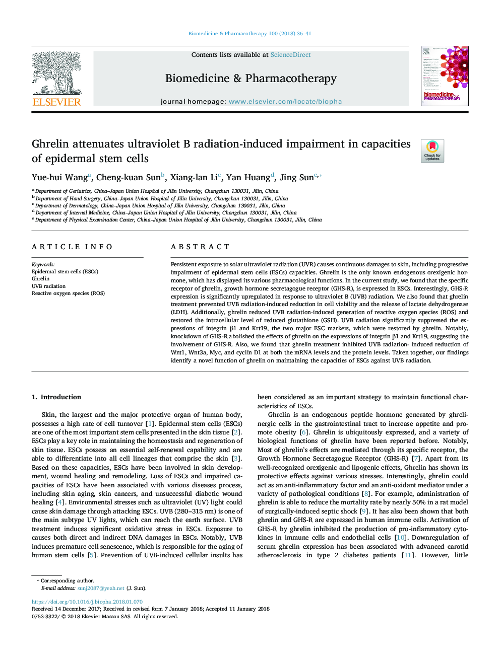 Ghrelin attenuates ultraviolet B radiation-induced impairment in capacities of epidermal stem cells