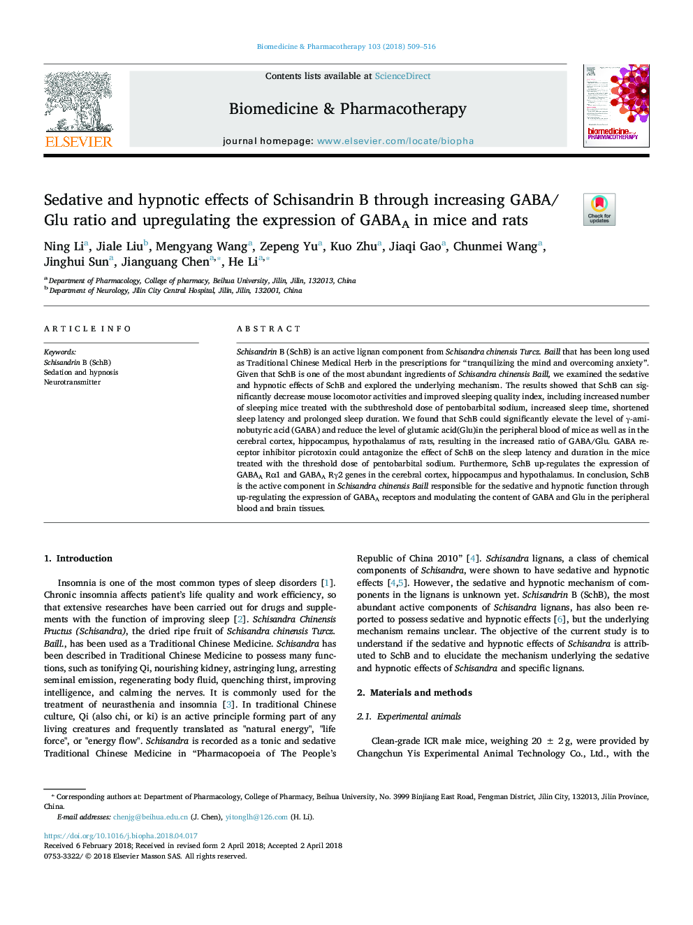 Sedative and hypnotic effects of Schisandrin B through increasing GABA/Glu ratio and upregulating the expression of GABAA in mice and rats