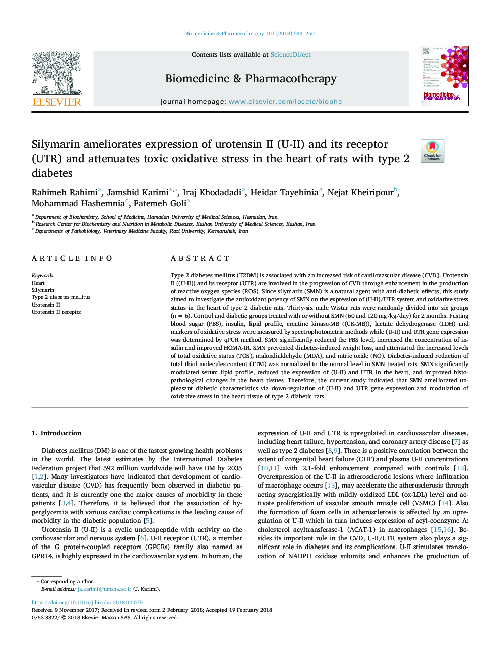 Silymarin ameliorates expression of urotensin II (U-II) and its receptor (UTR) and attenuates toxic oxidative stress in the heart of rats with type 2 diabetes