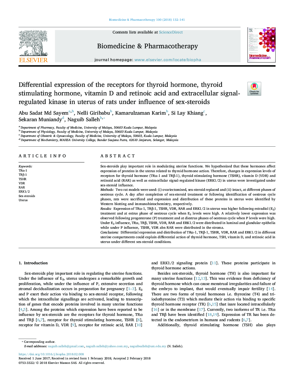 Differential expression of the receptors for thyroid hormone, thyroid stimulating hormone, vitamin D and retinoic acid and extracellular signal-regulated kinase in uterus of rats under influence of sex-steroids