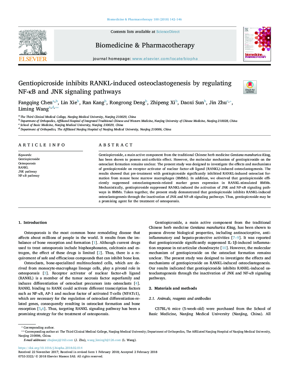 Gentiopicroside inhibits RANKL-induced osteoclastogenesis by regulating NF-ÎºB and JNK signaling pathways