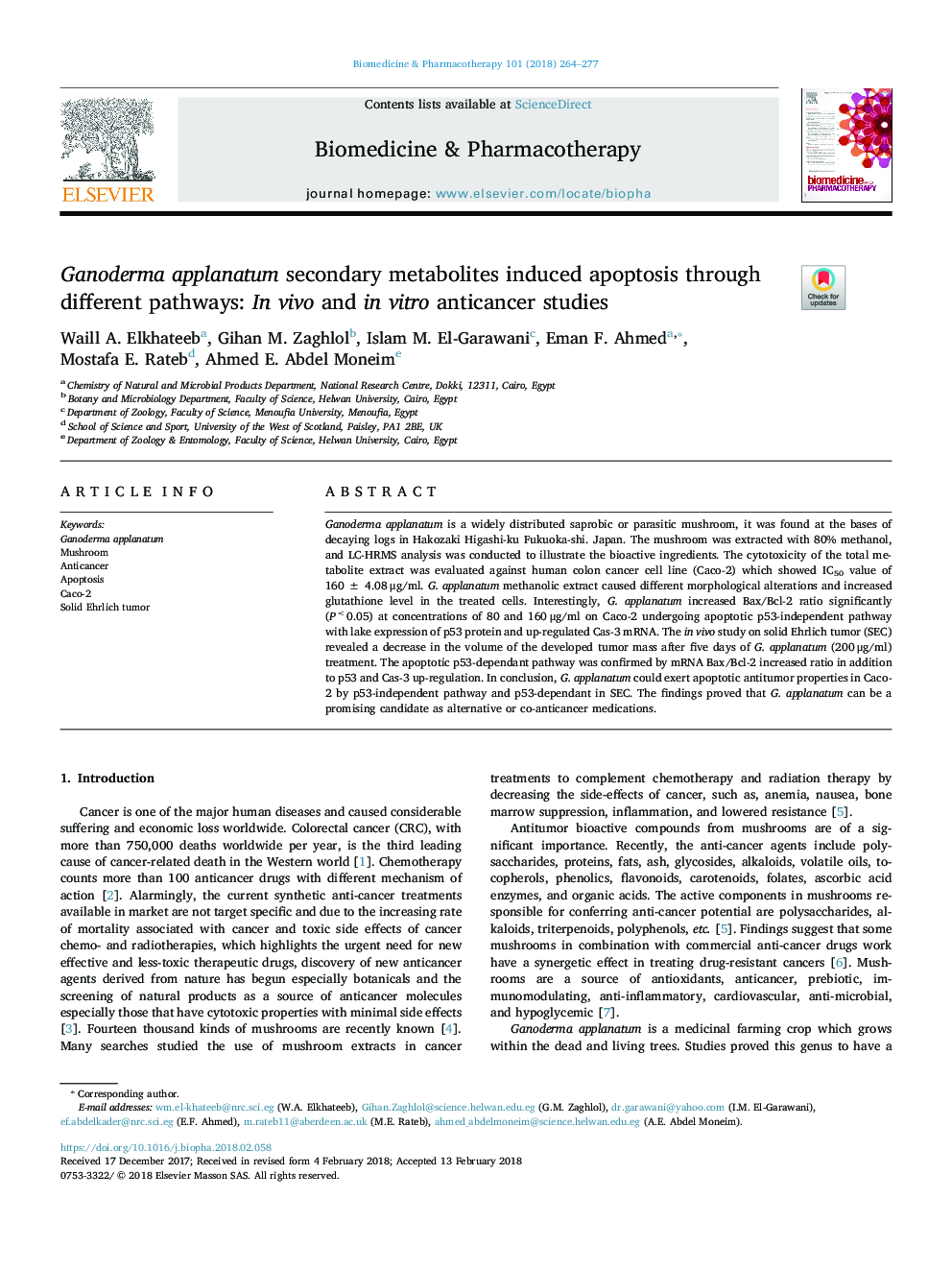 Ganoderma applanatum secondary metabolites induced apoptosis through different pathways: In vivo and in vitro anticancer studies