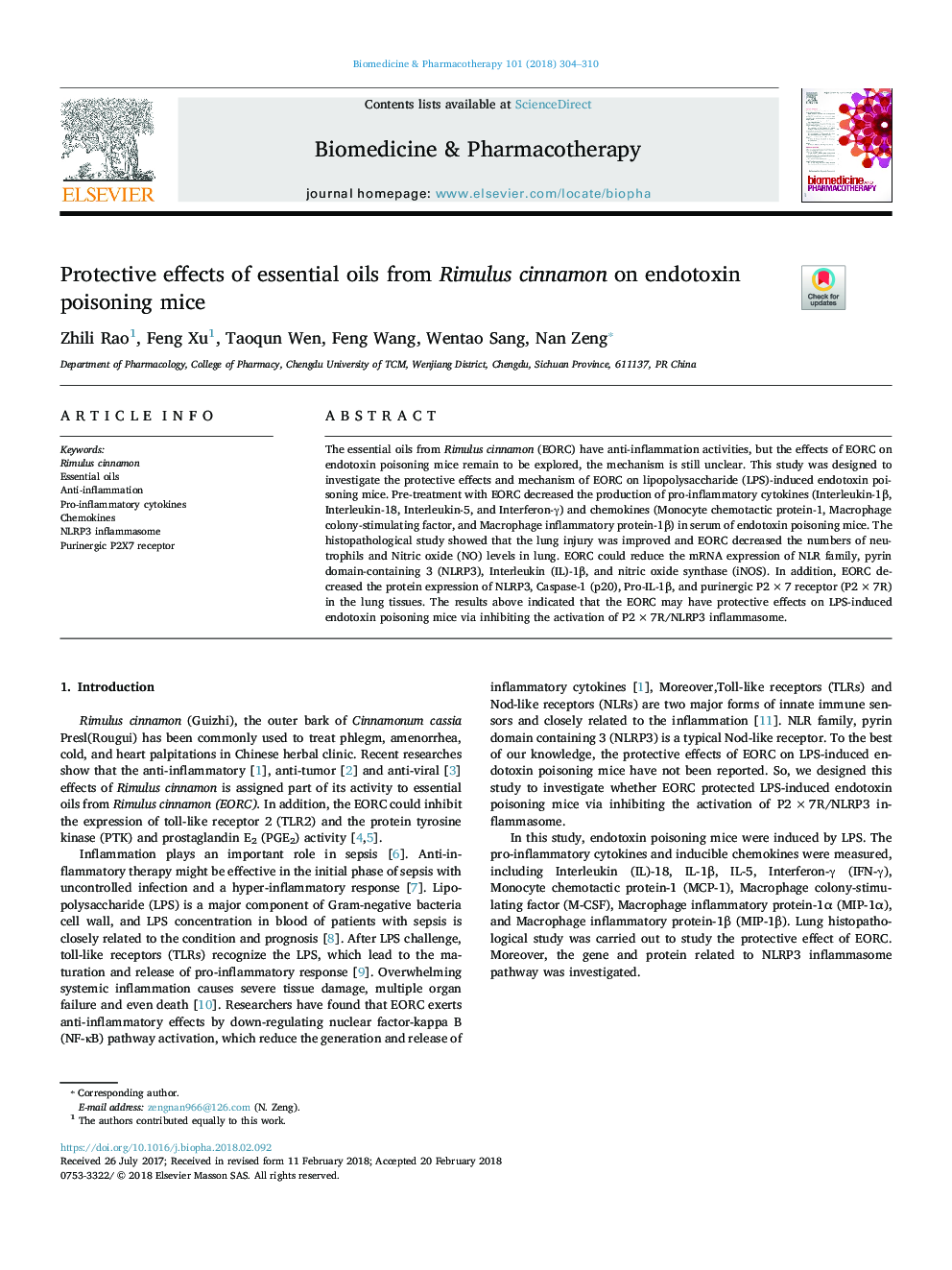 Protective effects of essential oils from Rimulus cinnamon on endotoxin poisoning mice