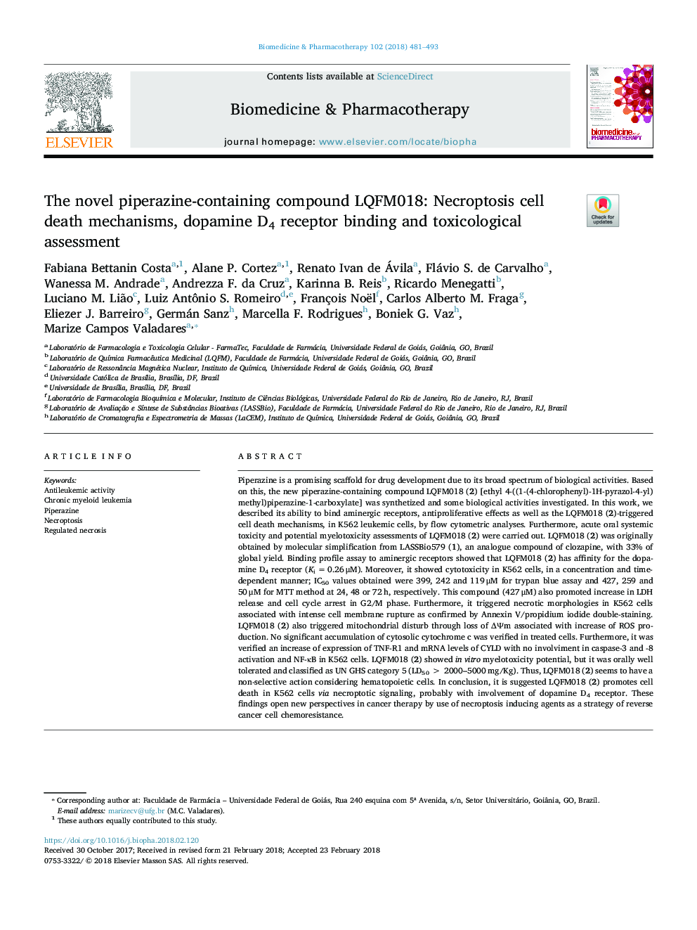 The novel piperazine-containing compound LQFM018: Necroptosis cell death mechanisms, dopamine D4 receptor binding and toxicological assessment