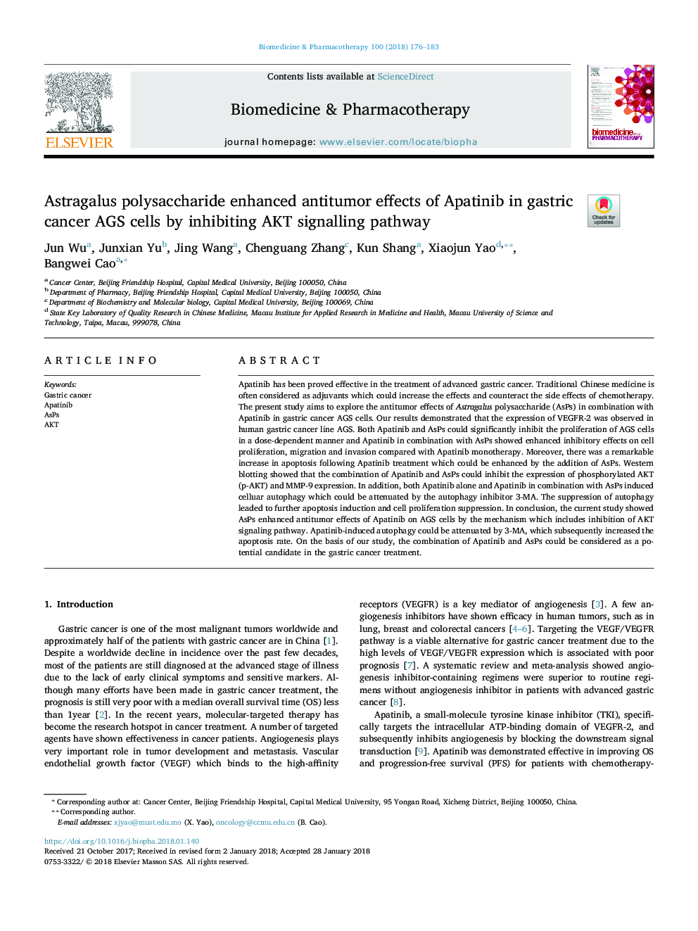 Astragalus polysaccharide enhanced antitumor effects of Apatinib in gastric cancer AGS cells by inhibiting AKT signalling pathway