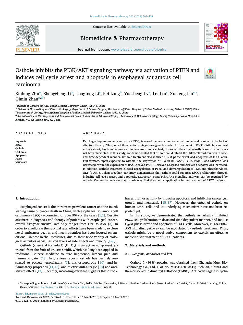 Osthole inhibits the PI3K/AKT signaling pathway via activation of PTEN and induces cell cycle arrest and apoptosis in esophageal squamous cell carcinoma