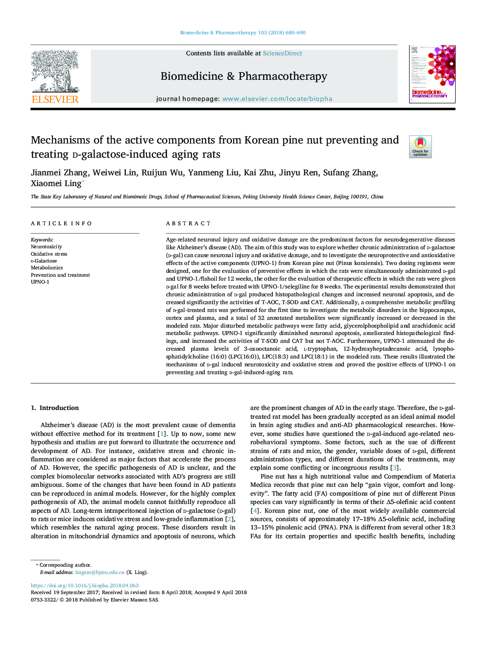عکس صفحه اول مقاله: Mechanisms of the active components from Korean pine nut preventing and treating d-galactose-induced aging rats Mechanisms of the active components from Korean pine nut preventing and treating d-galactose-induced aging rats