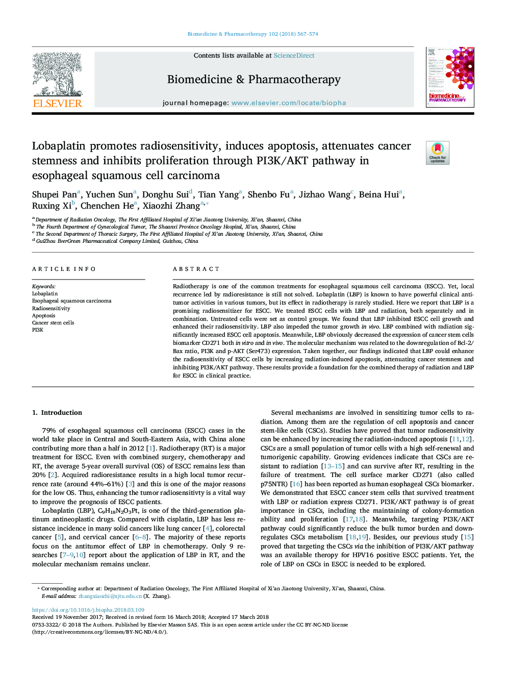 Lobaplatin promotes radiosensitivity, induces apoptosis, attenuates cancer stemness and inhibits proliferation through PI3K/AKT pathway in esophageal squamous cell carcinoma