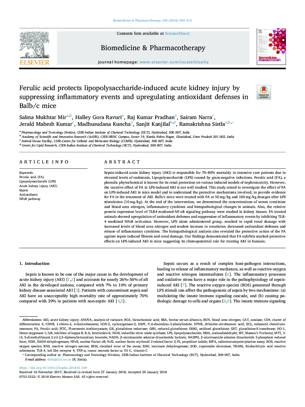 Ferulic acid protects lipopolysaccharide-induced acute kidney injury by suppressing inflammatory events and upregulating antioxidant defenses in Balb/c mice