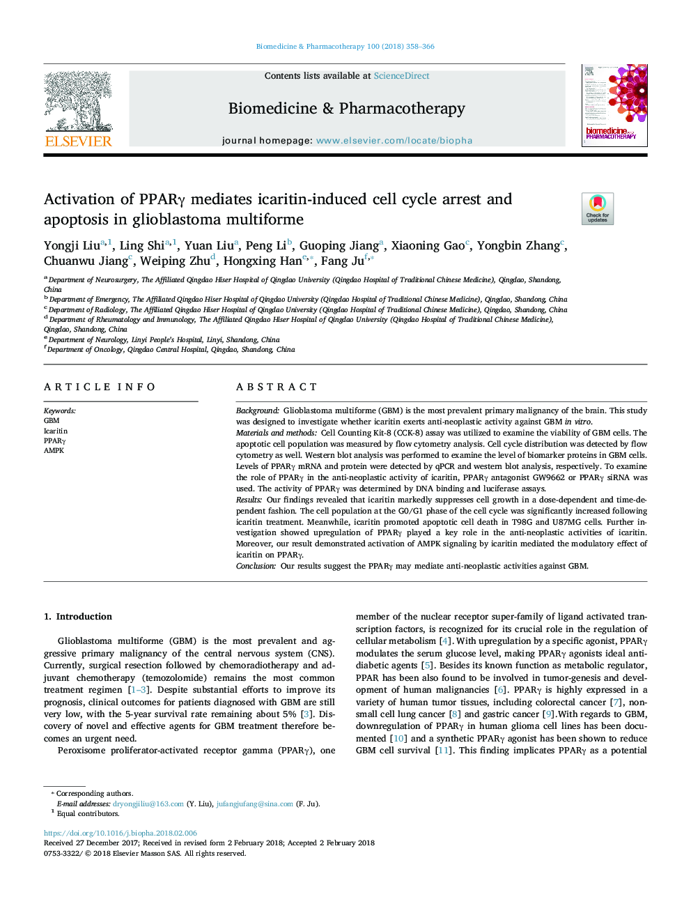 Activation of PPARÎ³ mediates icaritin-induced cell cycle arrest and apoptosis in glioblastoma multiforme