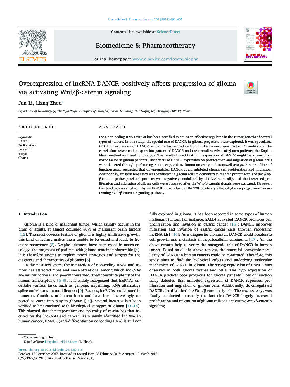 Overexpression of lncRNA DANCR positively affects progression of glioma via activating Wnt/Î²-catenin signaling