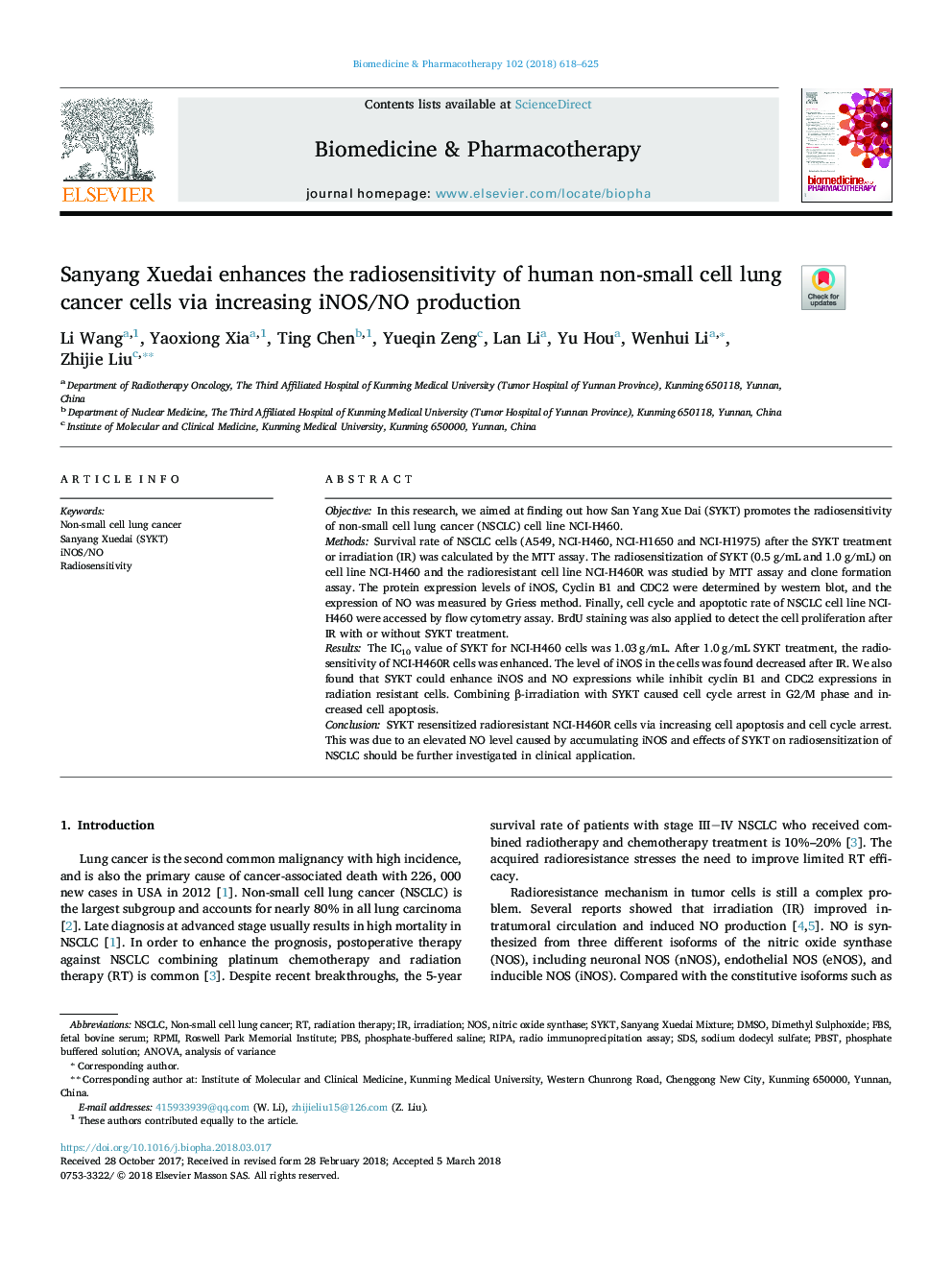 Sanyang Xuedai enhances the radiosensitivity of human non-small cell lung cancer cells via increasing iNOS/NO production