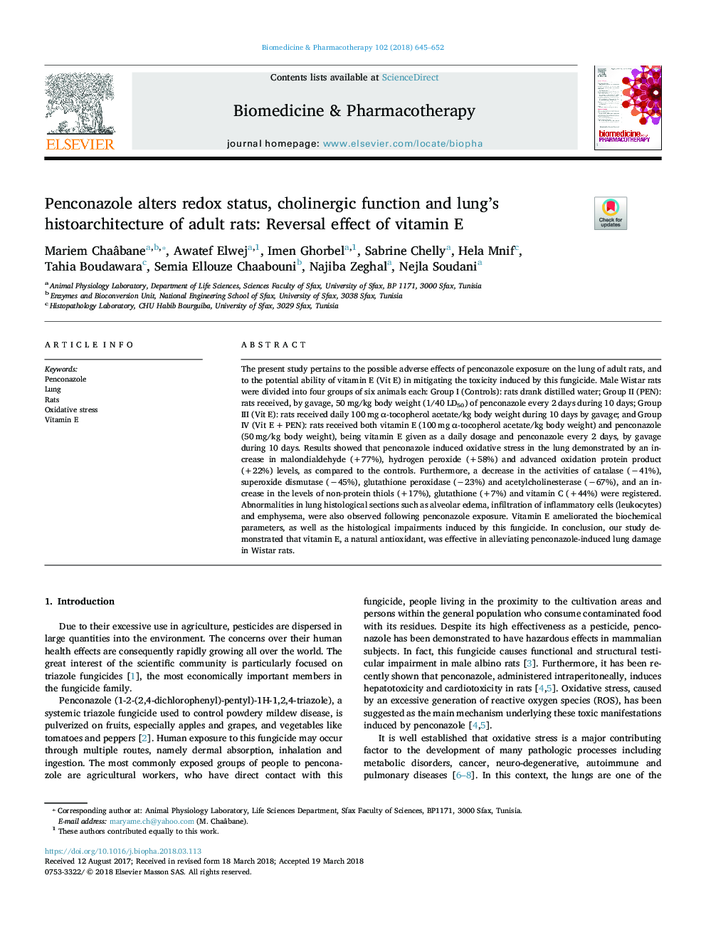 Penconazole alters redox status, cholinergic function and lung's histoarchitecture of adult rats: Reversal effect of vitamin E