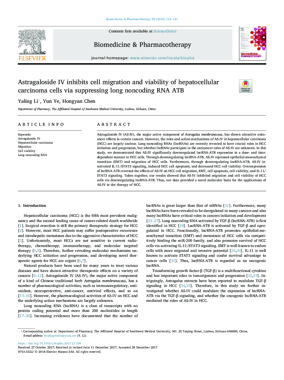 Astragaloside IV inhibits cell migration and viability of hepatocellular carcinoma cells via suppressing long noncoding RNA ATB