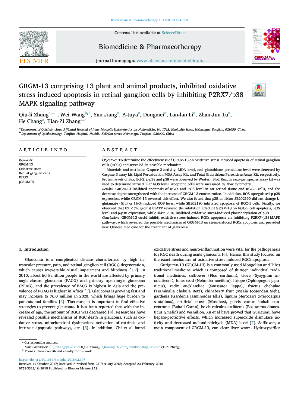 GRGM-13 comprising 13 plant and animal products, inhibited oxidative stress induced apoptosis in retinal ganglion cells by inhibiting P2RX7/p38 MAPK signaling pathway