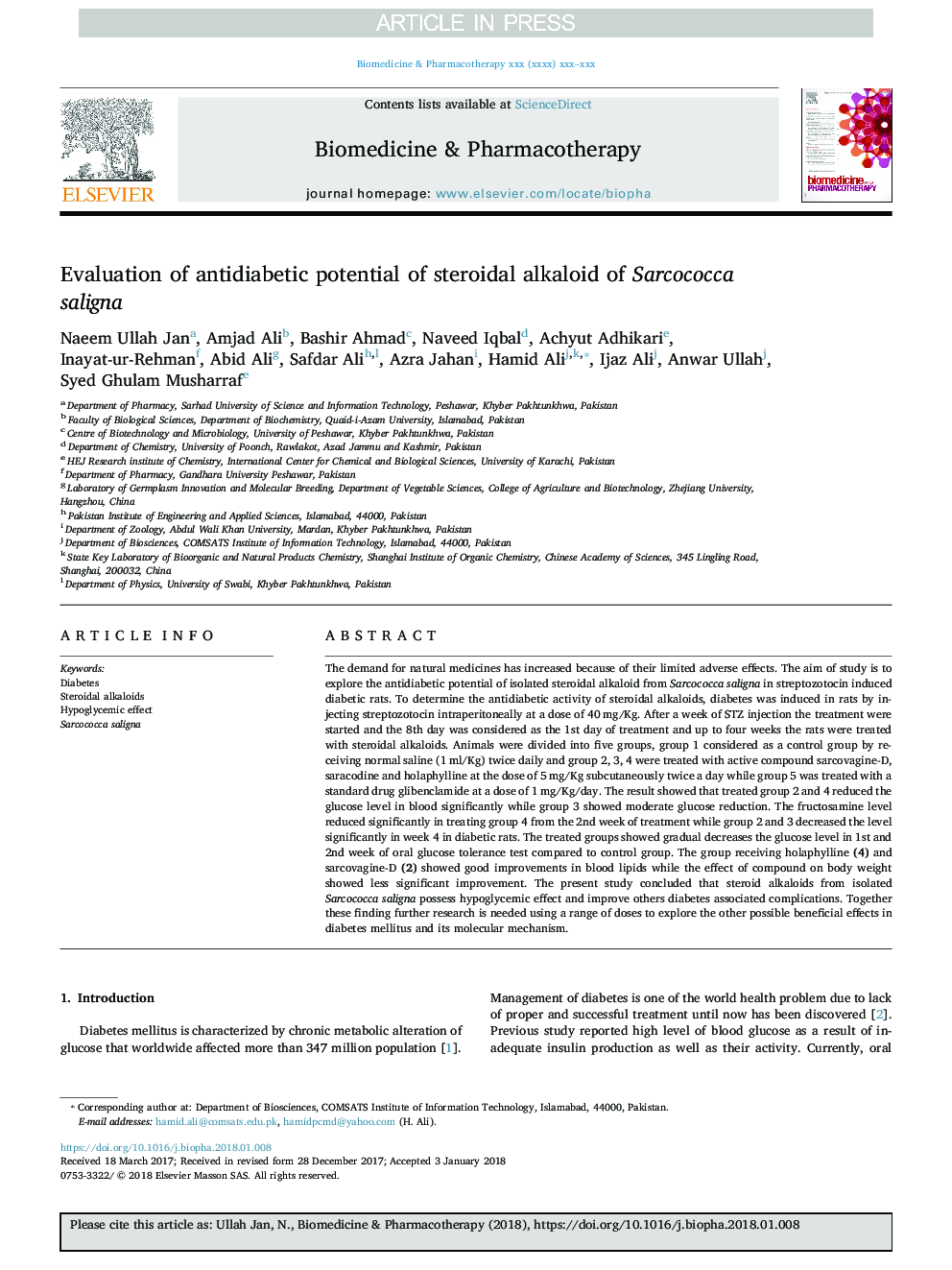 Evaluation of antidiabetic potential of steroidal alkaloid of Sarcococca saligna