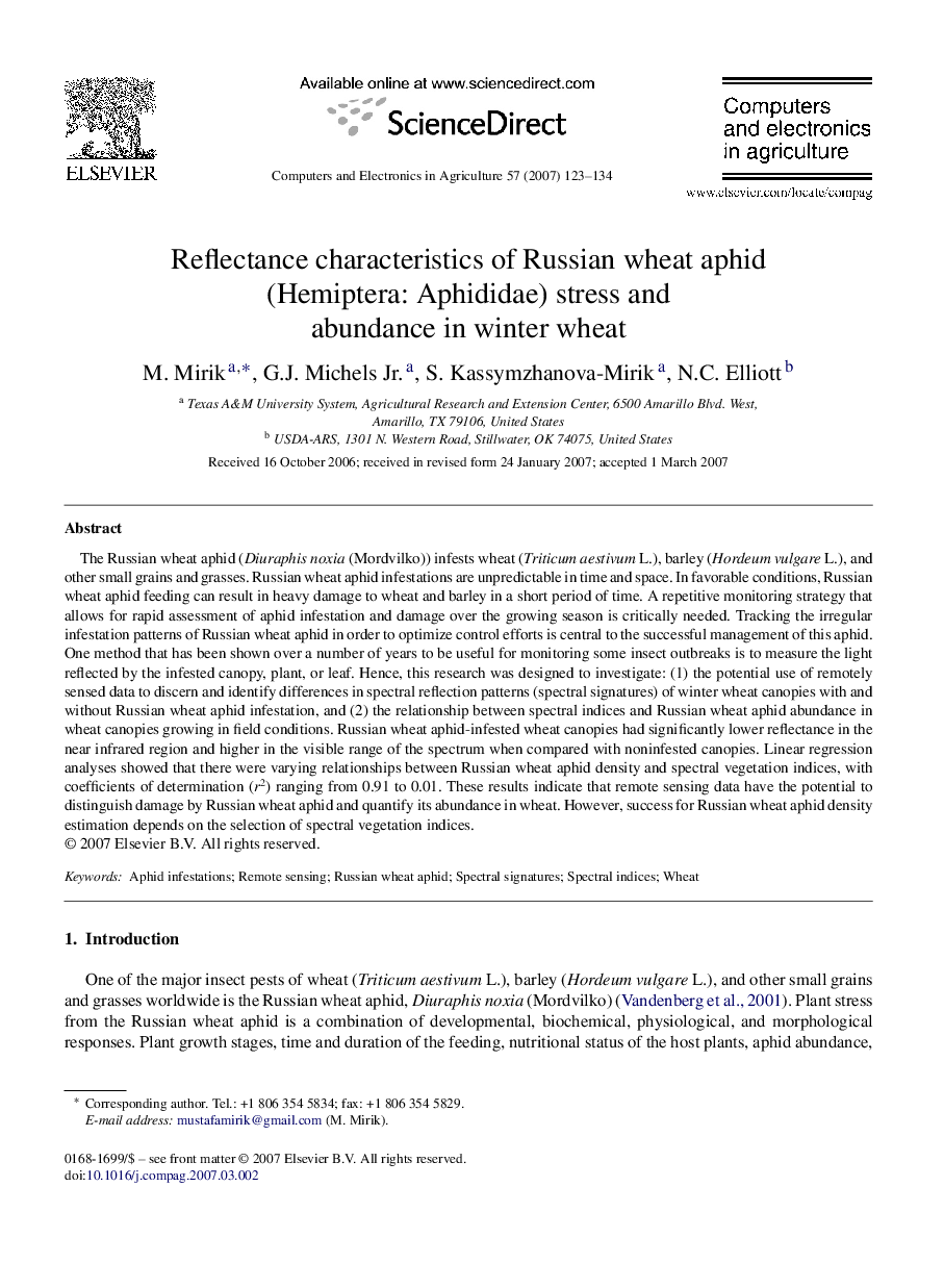 Reflectance characteristics of Russian wheat aphid (Hemiptera: Aphididae) stress and abundance in winter wheat