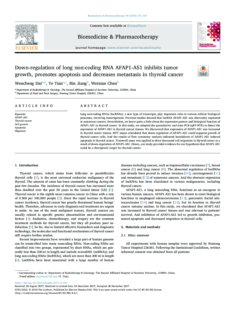 Down-regulation of long non-coding RNA AFAP1-AS1 inhibits tumor growth, promotes apoptosis and decreases metastasis in thyroid cancer