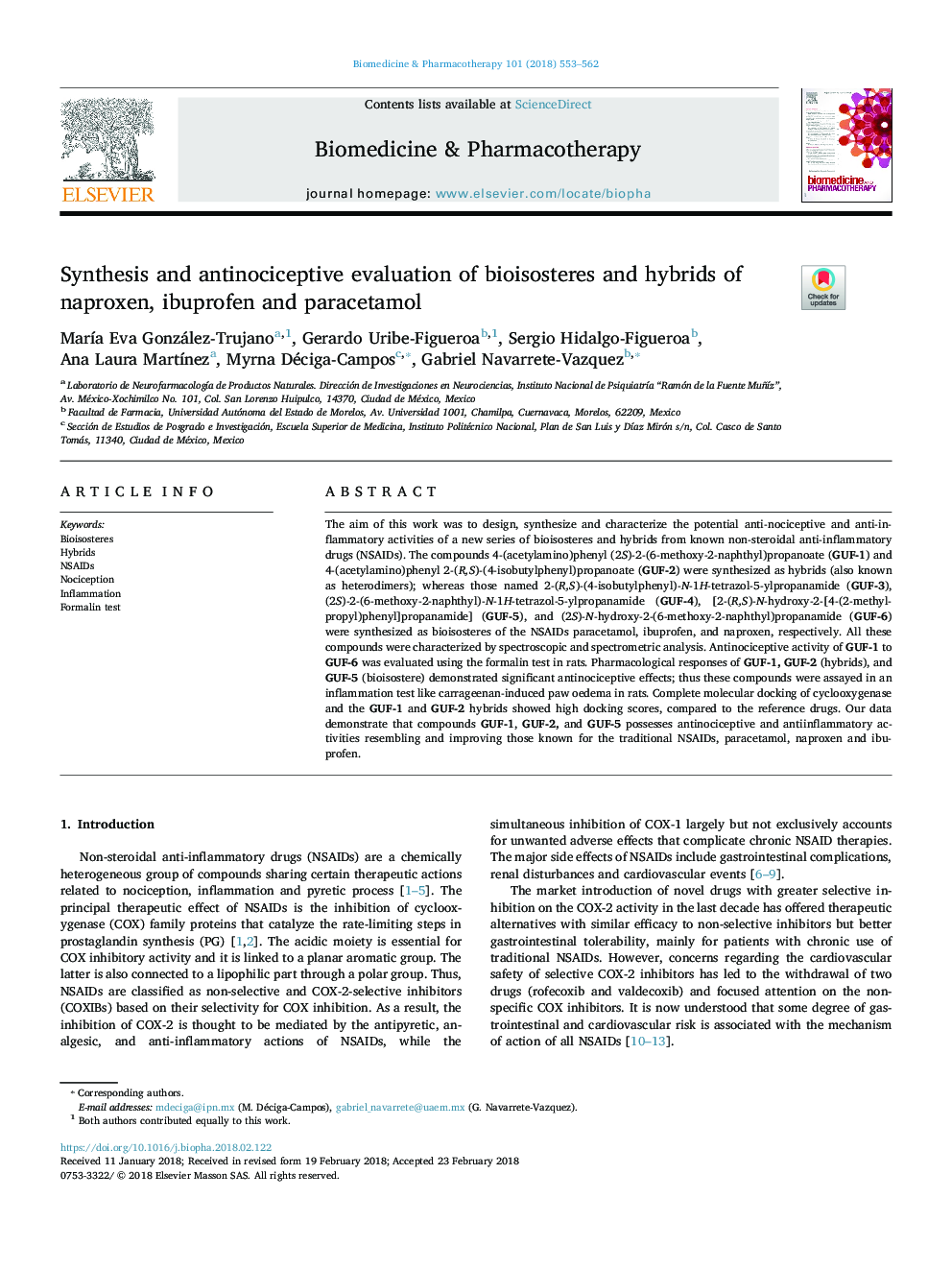 Synthesis and antinociceptive evaluation of bioisosteres and hybrids of naproxen, ibuprofen and paracetamol