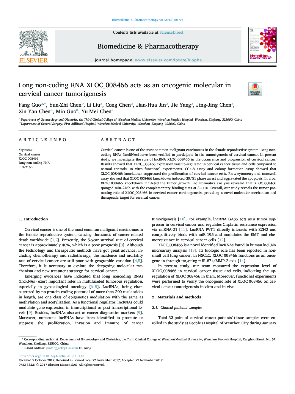 Long non-coding RNA XLOC_008466 acts as an oncogenic molecular in cervical cancer tumorigenesis