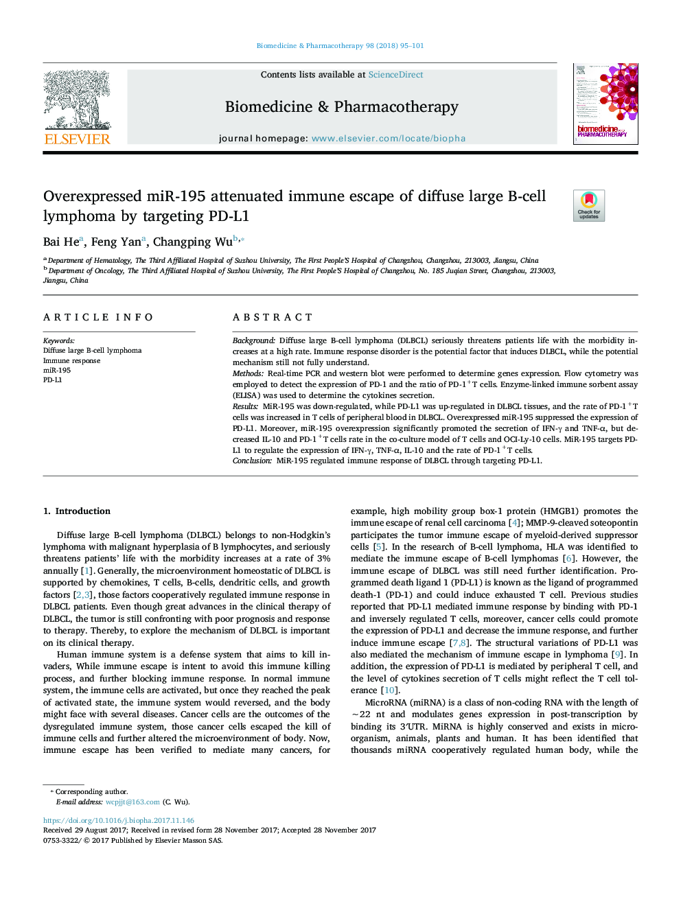 Overexpressed miR-195 attenuated immune escape of diffuse large B-cell lymphoma by targeting PD-L1