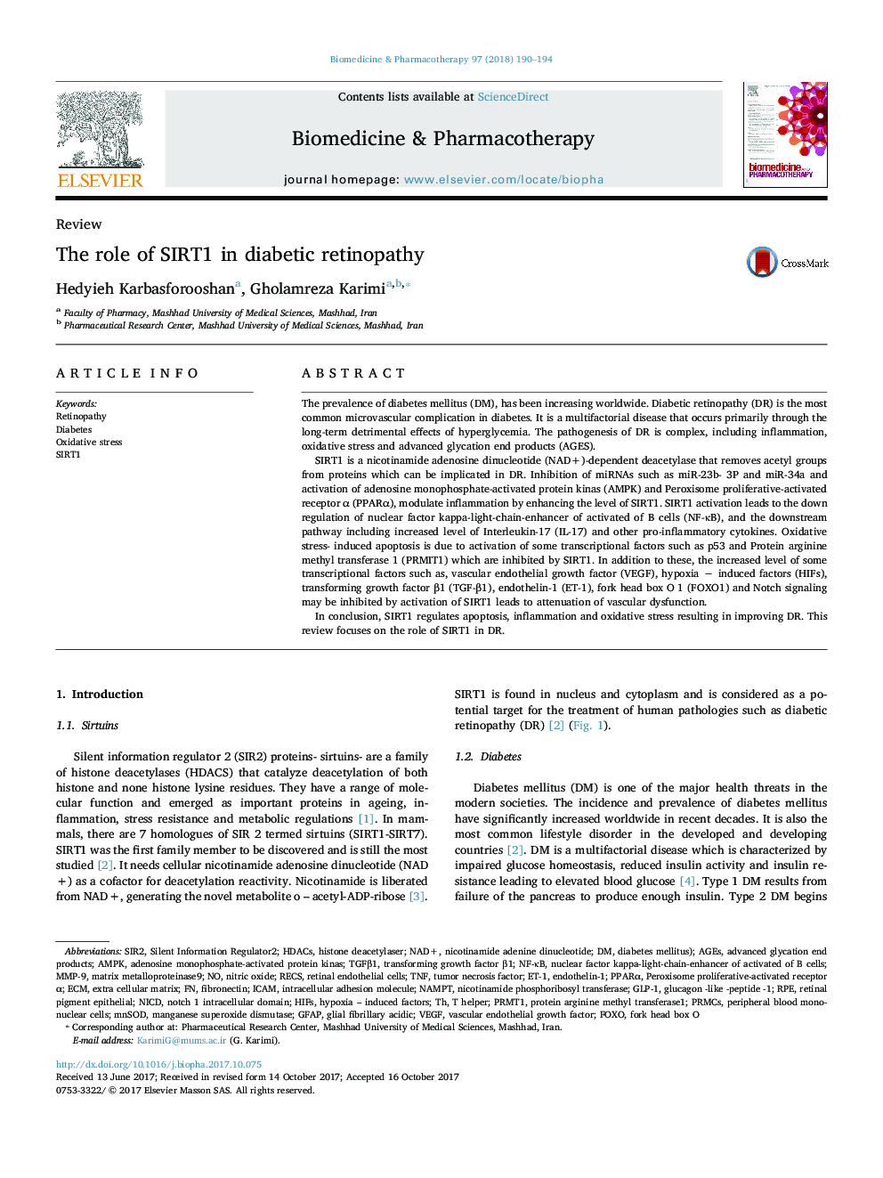 The role of SIRT1 in diabetic retinopathy