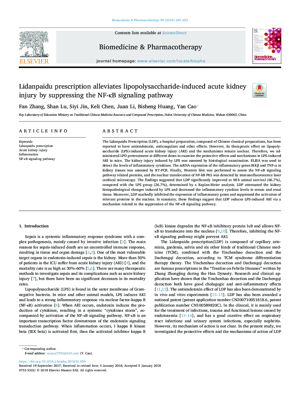 Lidanpaidu prescription alleviates lipopolysaccharide-induced acute kidney injury by suppressing the NF-ÎºB signaling pathway