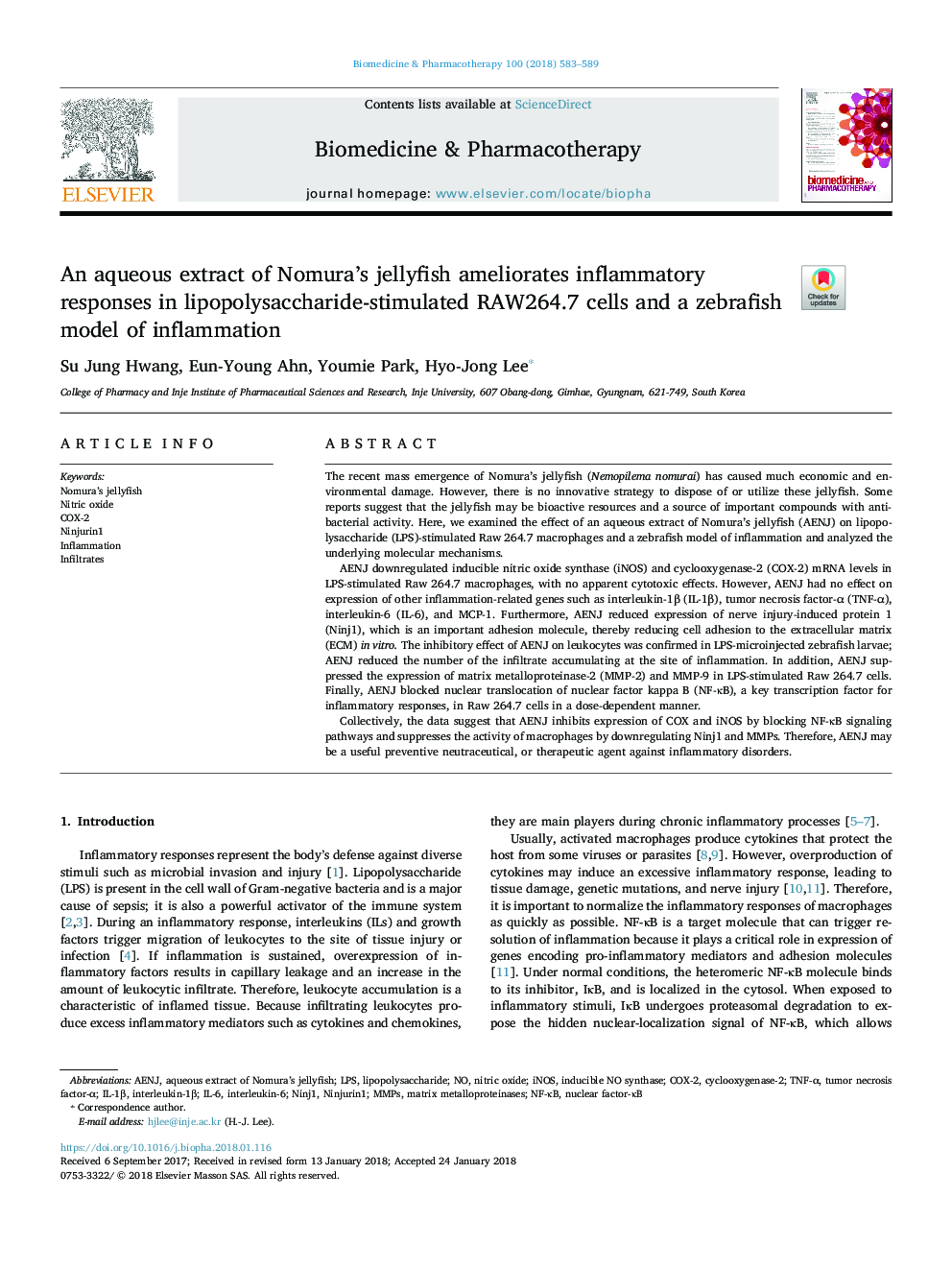 An aqueous extract of Nomura's jellyfish ameliorates inflammatory responses in lipopolysaccharide-stimulated RAW264.7 cells and a zebrafish model of inflammation