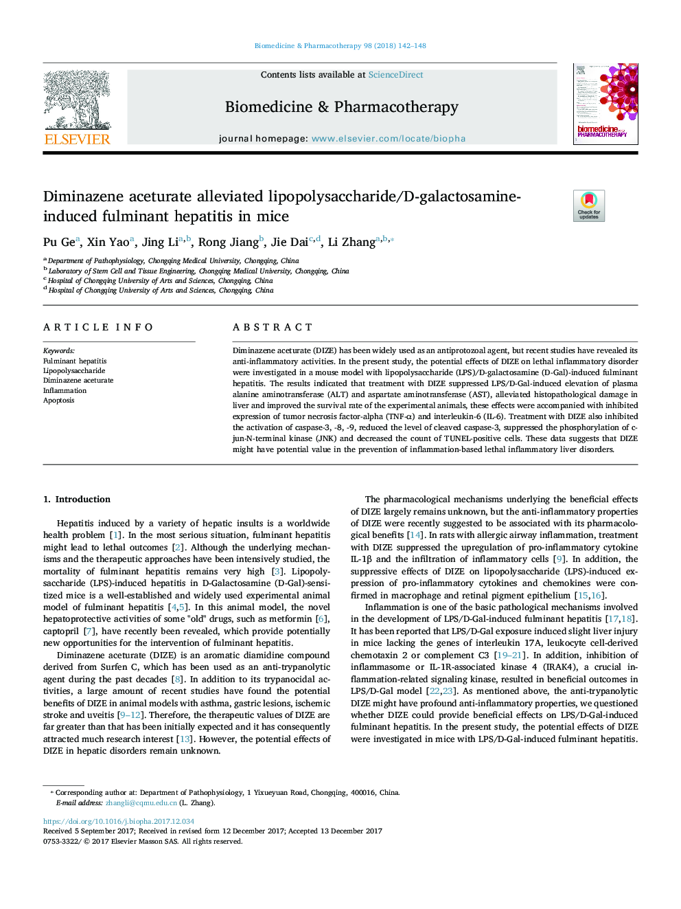 Diminazene aceturate alleviated lipopolysaccharide/D-galactosamine-induced fulminant hepatitis in mice