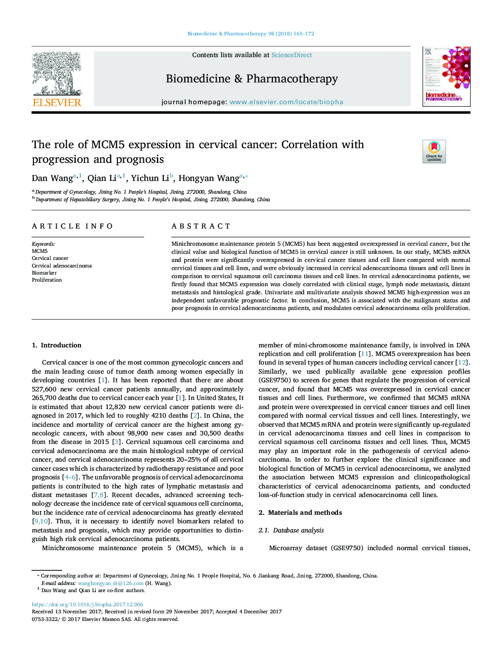 The role of MCM5 expression in cervical cancer: Correlation with progression and prognosis