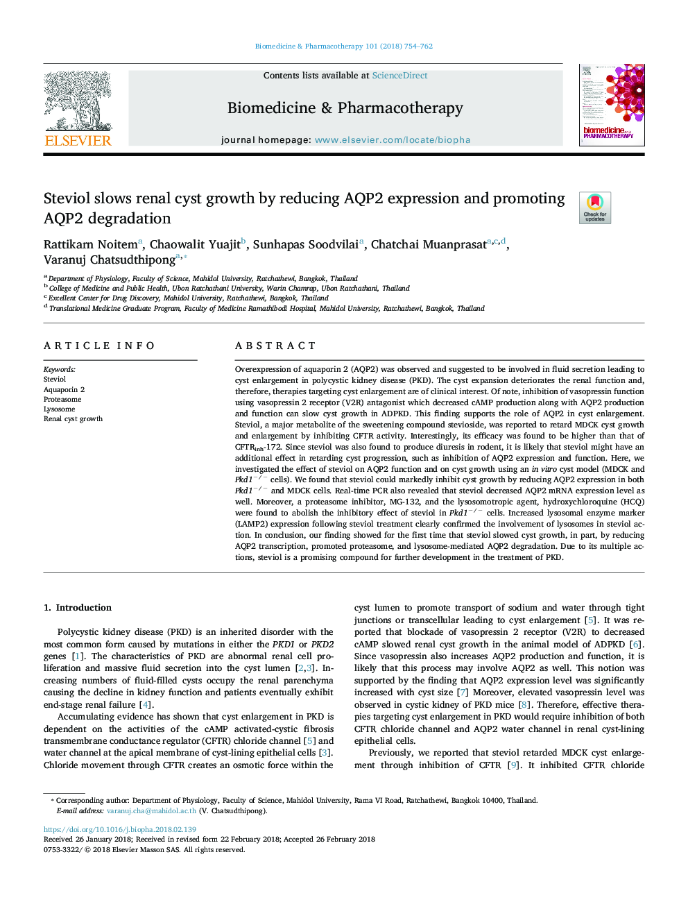 Steviol slows renal cyst growth by reducing AQP2 expression and promoting AQP2 degradation