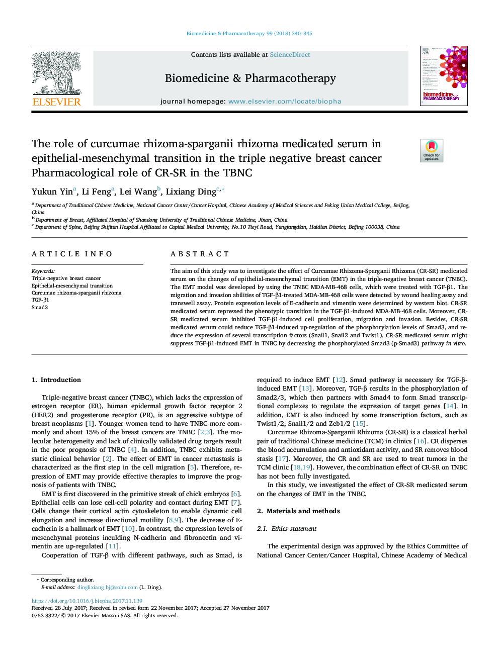 The role of curcumae rhizoma-sparganii rhizoma medicated serum in epithelial-mesenchymal transition in the triple negative breast cancer