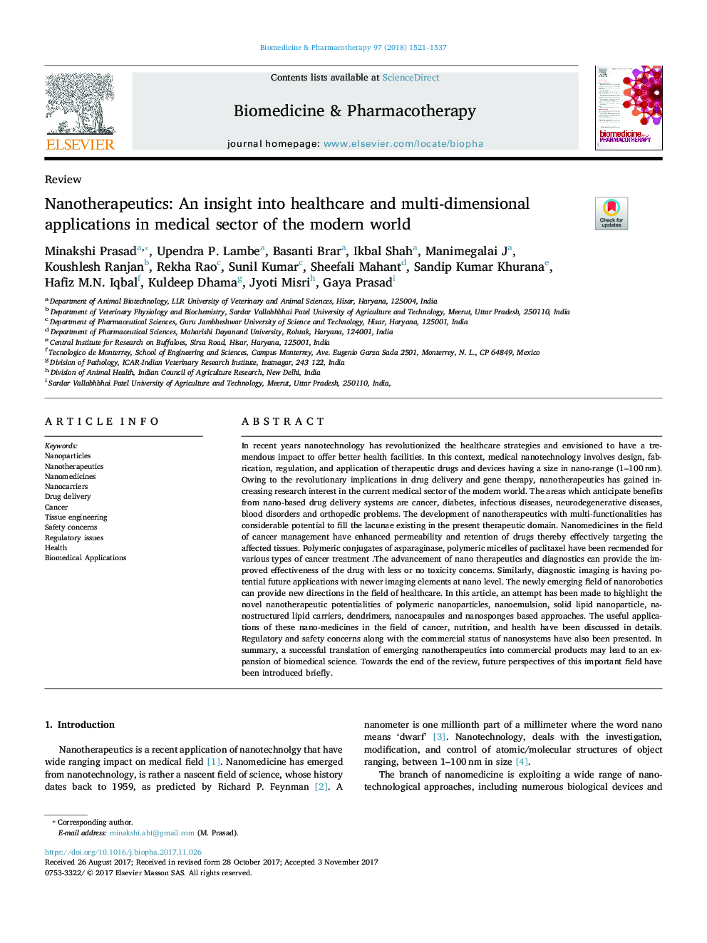 Nanotherapeutics: An insight into healthcare and multi-dimensional applications in medical sector of the modern world