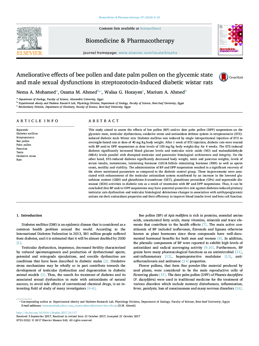 Ameliorative effects of bee pollen and date palm pollen on the glycemic state and male sexual dysfunctions in streptozotocin-Induced diabetic wistar rats