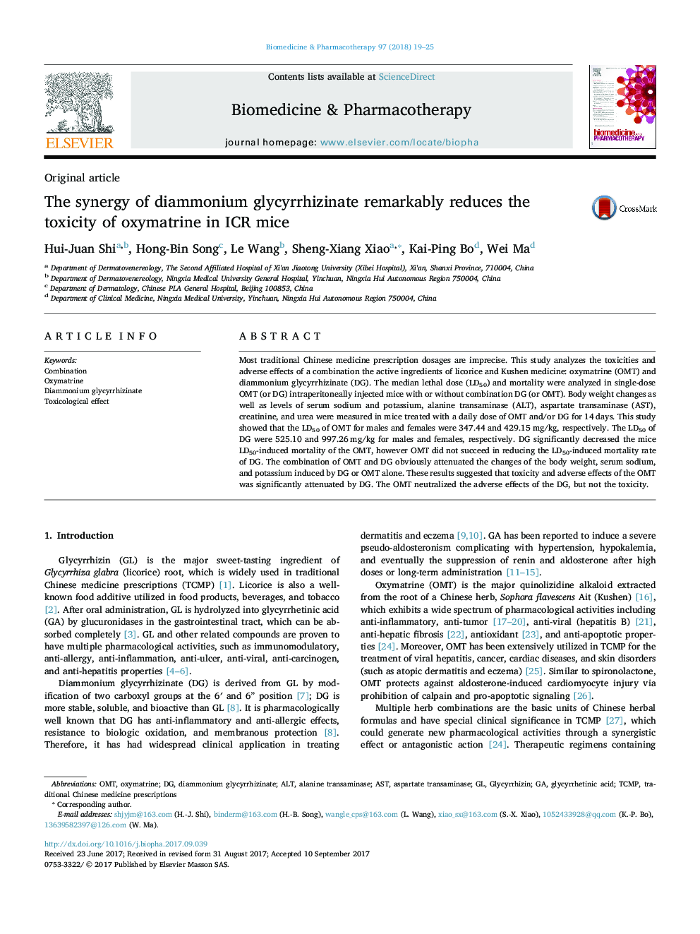 The synergy of diammonium glycyrrhizinate remarkably reduces the toxicity of oxymatrine in ICR mice