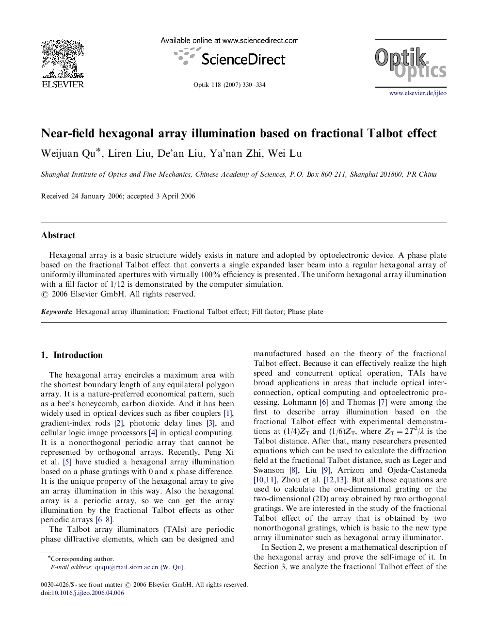 Near-field hexagonal array illumination based on fractional Talbot effect