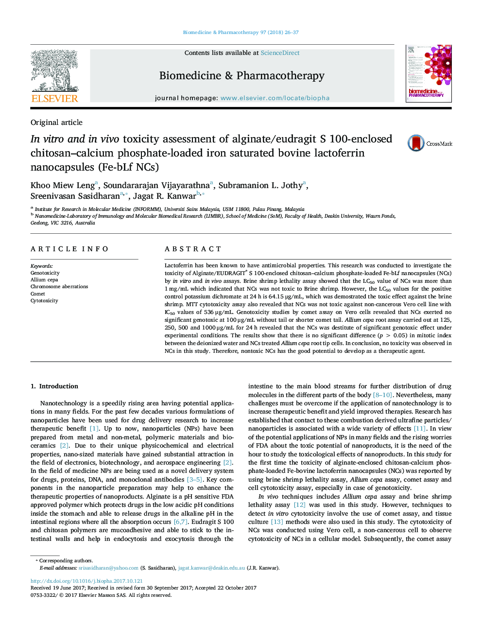 In vitro and in vivo toxicity assessment of alginate/eudragit S 100-enclosed chitosan-calcium phosphate-loaded iron saturated bovine lactoferrin nanocapsules (Fe-bLf NCs)