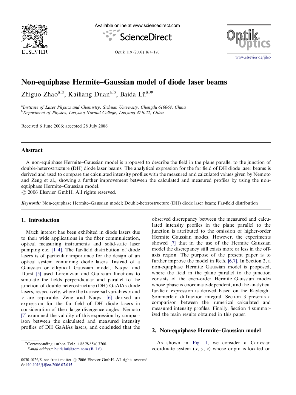 Non-equiphase Hermite–Gaussian model of diode laser beams