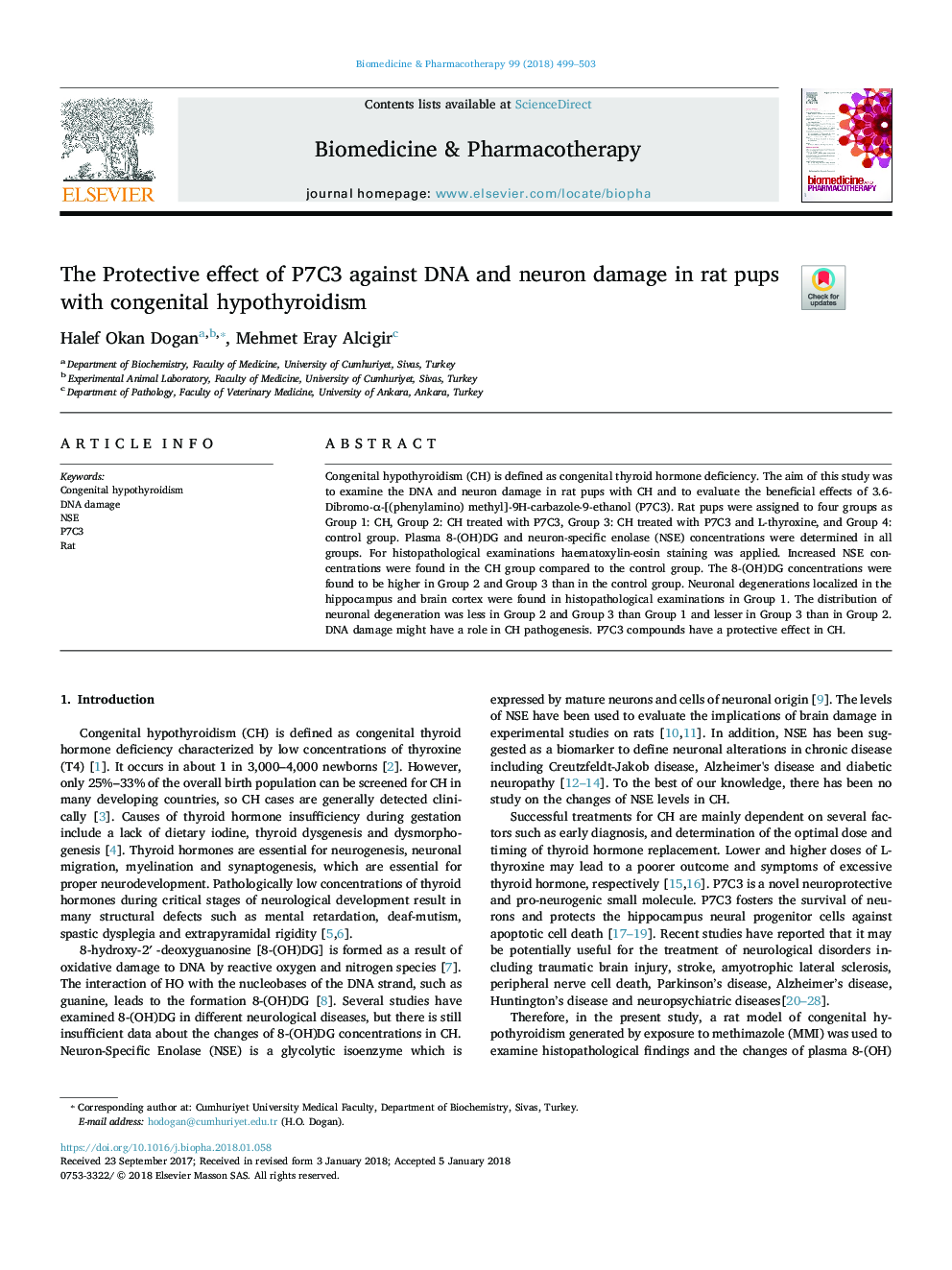 The Protective effect of P7C3 against DNA and neuron damage in rat pups with congenital hypothyroidism